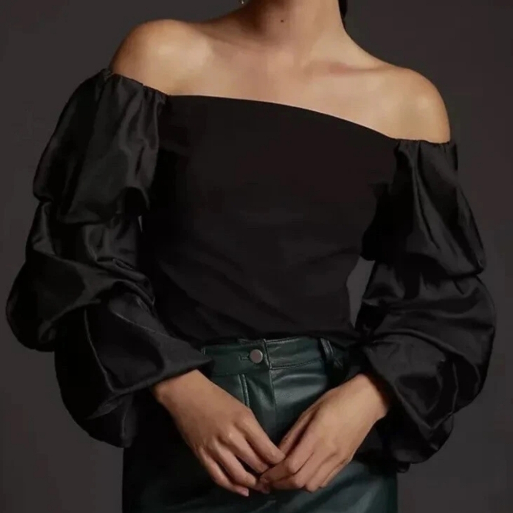 Anthropologie Sunday In Brooklyn Off Shoulder Tiered Puff Sleeve Top NWT S Small - Picture 2 of 9